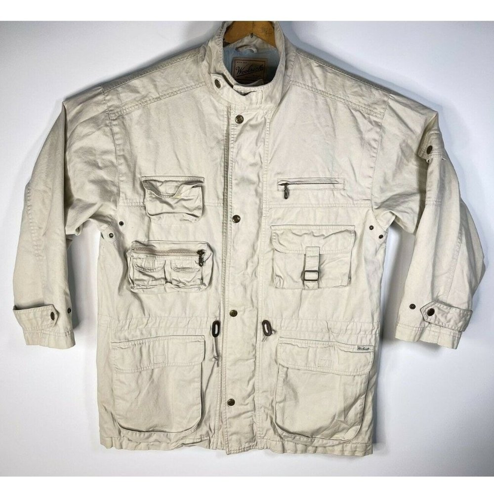 Vintage 90s Woolrich Beige Cotton Utility Work Jacket Mens Size Large Made in Ma